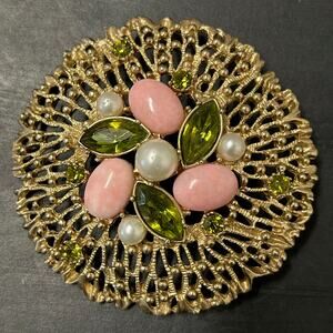 Vintage 70's Sarah Coventry "Fashion Splendor" Brooch Gold Tone Pink,Green,White